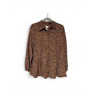 LOGO Lori Goldstein Womens XS Leopard Print Button Front Tunic Top Long Sleeve